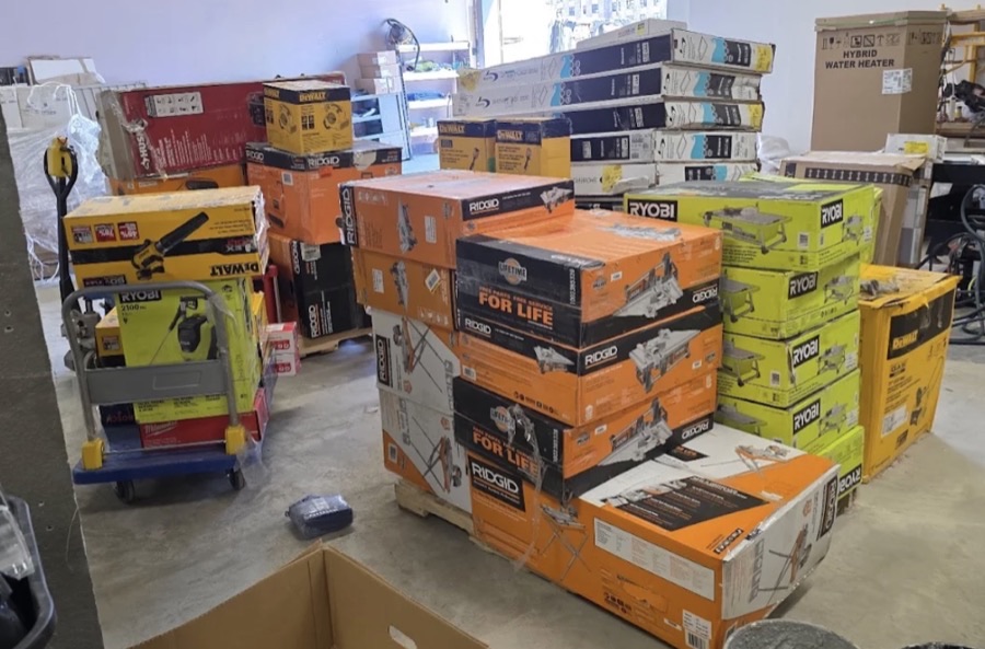 Boxed outdoor and patio items including gazebos and outdoor heaters